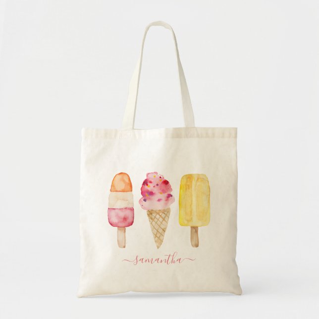 Tote Bag Aquarelle Crème glacée rose pâle jaune (Devant)