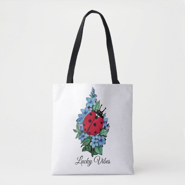 Tote Bag Aquarelle Cute Ladybird Avec Fleurs Bleues Sauvage (Devant)