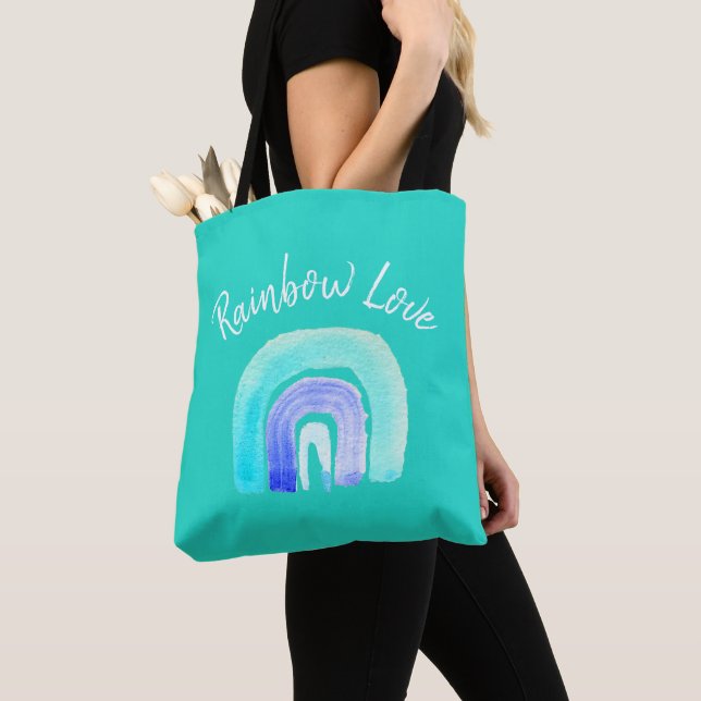 Tote Bag Aquarelle d'amour bleu arc-en-ciel (De près)