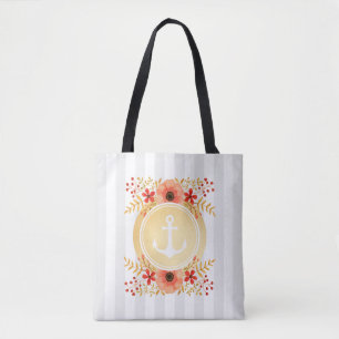 Tote Bag Aquarelle d'Ancre marine or à rayures florales