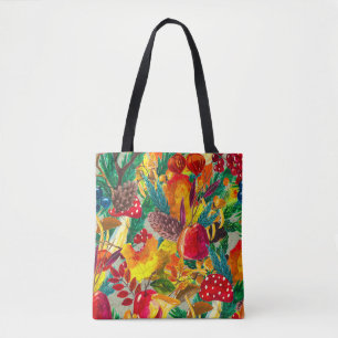 Tote Bag Aquarelle d'automne Feuilles Champignons Motif