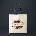 Tote Bag Aquarelle de Bridesmaid Burgundy Bleu Floral B<br><div class="desc">Aquarelle Bridesmaid Burgundy Marsala Sac fourre-tout Floral bleu - Poignée bleue</div>