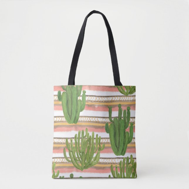 Tote Bag Aquarelle de cactus, arrière - plan rayé, couche t (Devant)