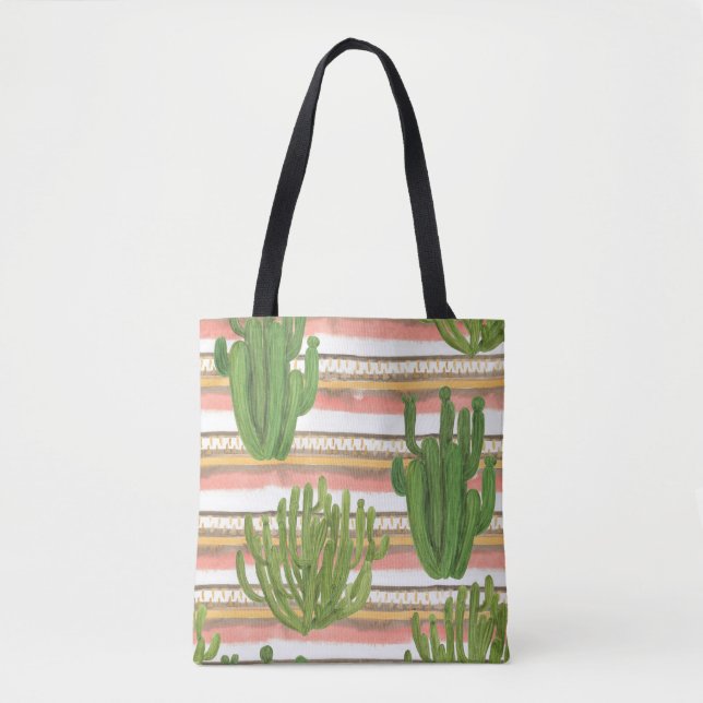 Tote Bag Aquarelle de cactus, arrière - plan rayé, couche t (Devant)