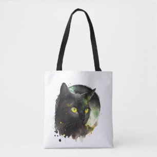 Tote Bag Aquarelle de chat noir mystique - Art nocturne enc