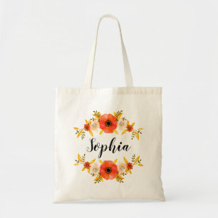 Tote Bag Aquarelle de fille Coral Floral Wreath Texte perso