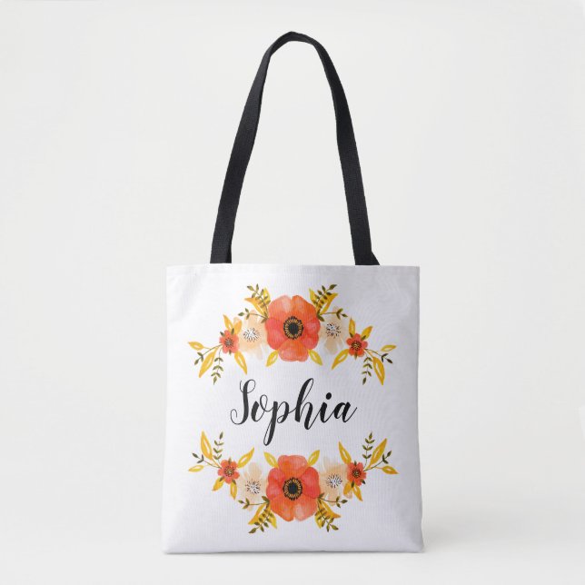 Tote Bag Aquarelle de fille Coral Floral Wreath Texte perso (Devant)