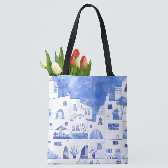 Tote Bag Aquarelle de l'île grecque Santorin (Santorini blue and white watercolor painting on a tote bag)