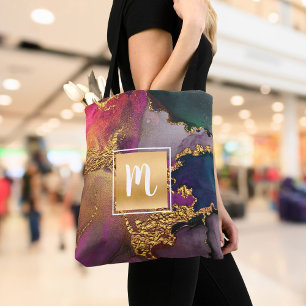 Tote Bag Aquarelle de marbre, or violet vert bleu monogramm
