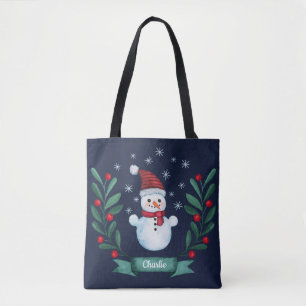 Tote Bag Aquarelle de Noël Snowman Custom Navy Blue