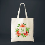 Tote Bag Aquarelle de pêche personnalisée monogramme Floral<br><div class="desc">Pêcher aux roses et feuilles coralliens derrière votre nom et votre initiale, ce sac fourre-tout est fait de 100% matière naturelle, prêt à customiser pour le cadeau parfait ou l'accessoire décontracté. Versatile, tendance et durable, une fourre-tout personnalisée vous donne toujours l'air à la mode ! Dimensions : 15, 75 po...</div>