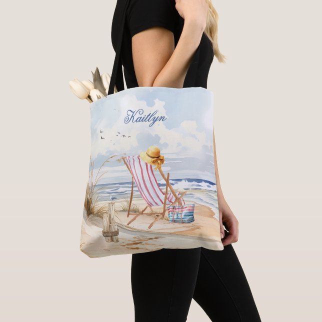 Tote Bag Aquarelle de plage élégant Nom du monogramme (De près)