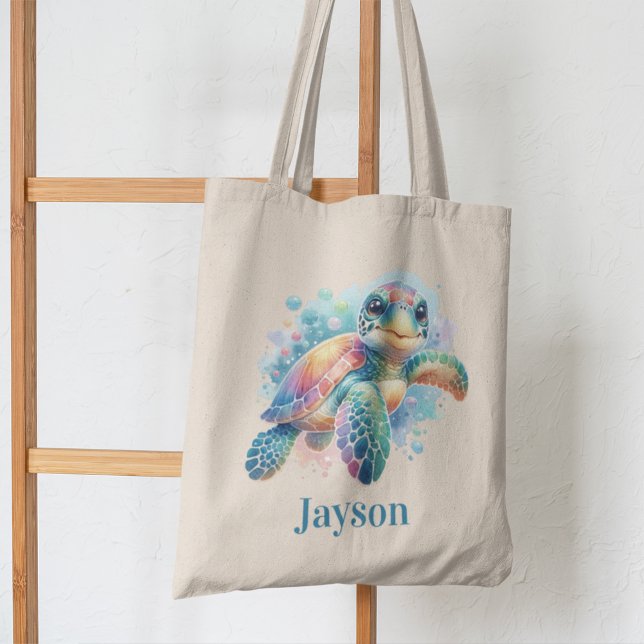 Tote Bag Aquarelle de tortue gaie - Enfants Océanique (Créateur téléchargé)