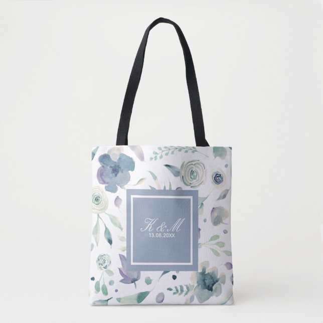 Tote Bag Aquarelle de violet bleu monogramme Motif floral (Devant)
