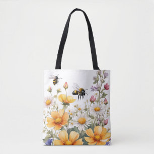 Tote Bag Aquarelle des abeilles fleurs sauvages et miel