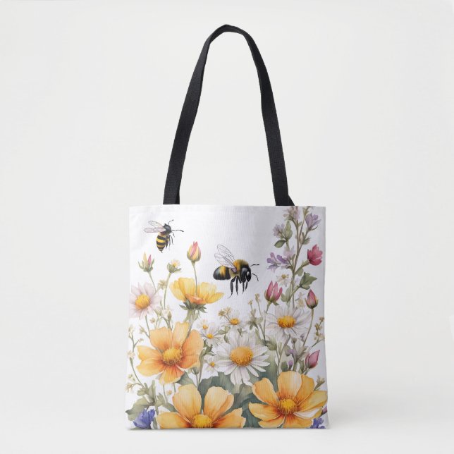 Tote Bag Aquarelle des abeilles fleurs sauvages et miel (Devant)