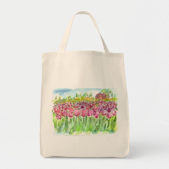 Tote Bag Aquarelle des champs de tulipe rose (Devant)