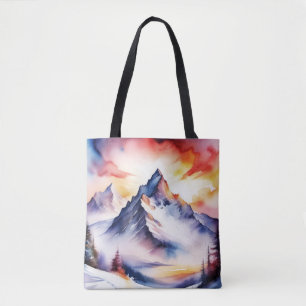 Tote Bag Aquarelle des montagnes enneigées sous ciel rouge