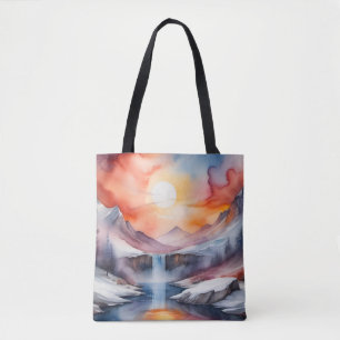 Tote Bag Aquarelle des montagnes enneigées sous le coucher 