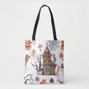 Tote Bag Aquarelle d'Halloween : Haunted House Motif.