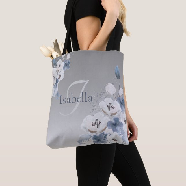 Tote Bag Aquarelle d'hiver Monogramme floral personnalisé (De près)