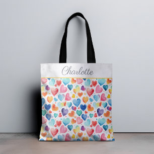 Tote Bag Aquarelle du coeur Colorée mignonne Amour Nom pers