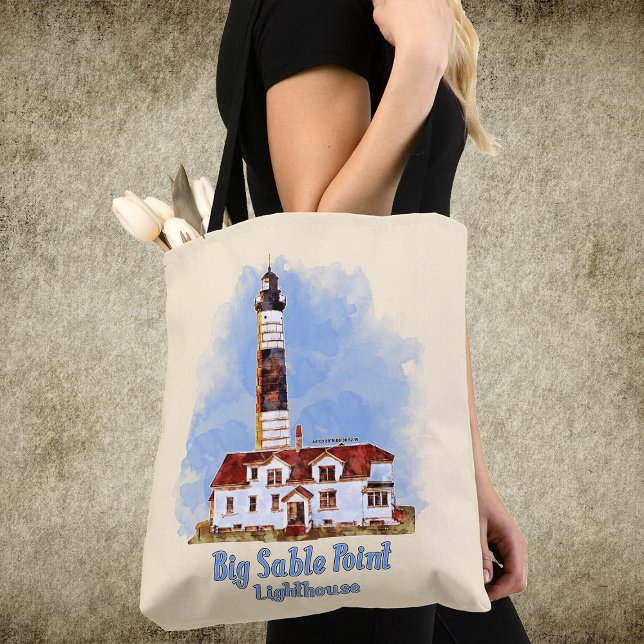 Tote Bag Aquarelle du phare de Big Sable Point - Michigan (Big Sable Point Lighthouse Watercolor - Michigan. Tote Bag)
