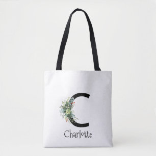 Tote Bag Aquarelle élégante lettre fleur blanche