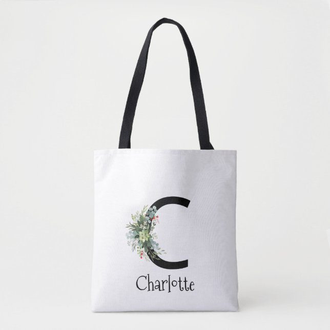 Tote Bag Aquarelle élégante lettre fleur blanche  (Devant)