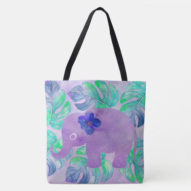 Tote Bag Aquarelle Elephant Jungle Monstera Feuille Monogra (Devant)