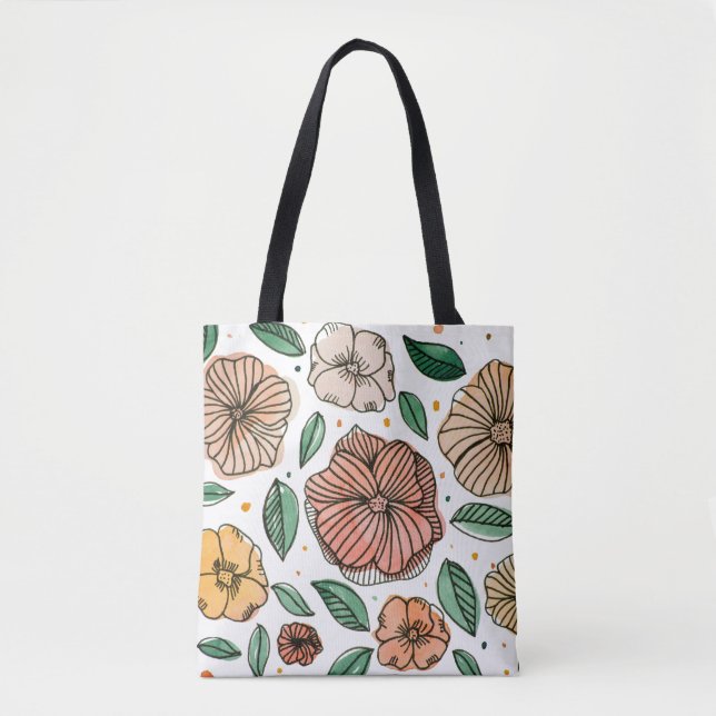 Tote Bag Aquarelle et fleurs d'encre - palette vintage (Devant)