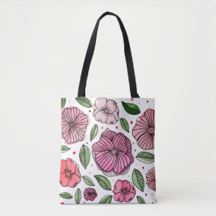 Tote Bag Aquarelle et fleurs d'encre - rose et vert