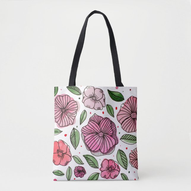 Tote Bag Aquarelle et fleurs d'encre - rose et vert (Devant)