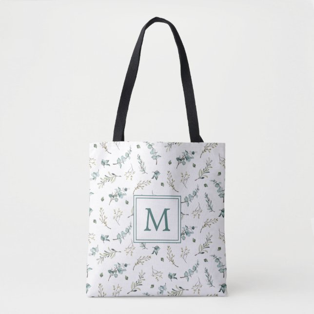 Tote Bag Aquarelle Eucalyptus Motif Botanique Monogramme (Devant)