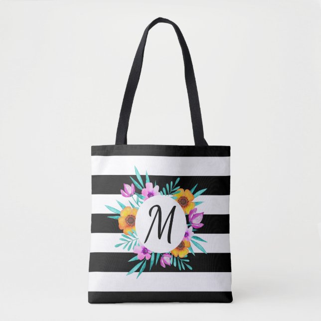 Tote Bag Aquarelle féminine Floral Wreath Monogramme person (Devant)