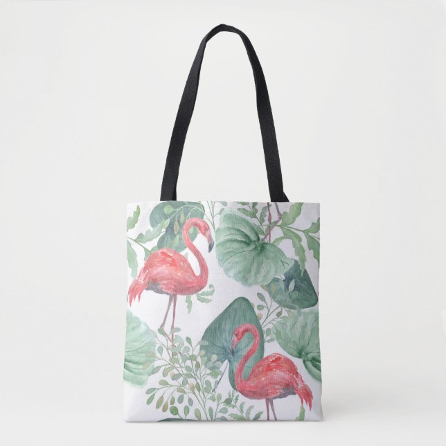 Tote Bag Aquarelle flamants roses et feuilles. (Devant)