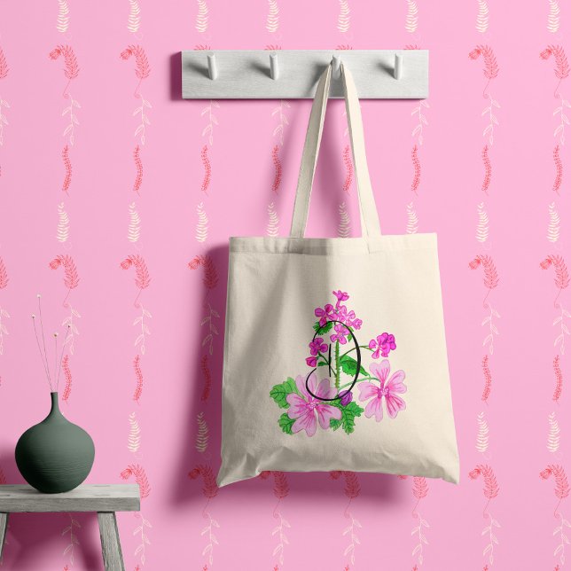 Tote Bag Aquarelle fleur rose avec votre initiale.  (Créateur téléchargé)