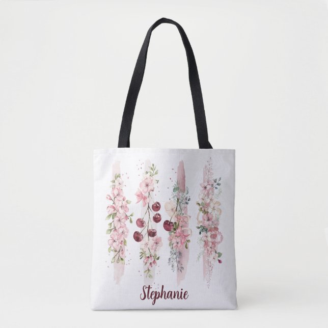 Tote Bag Aquarelle Fleurie Fleurs de Cerisier, Ajouter un N (Devant)