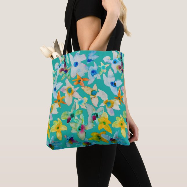 Tote Bag Aquarelle fleurs bleues blanches (De près)