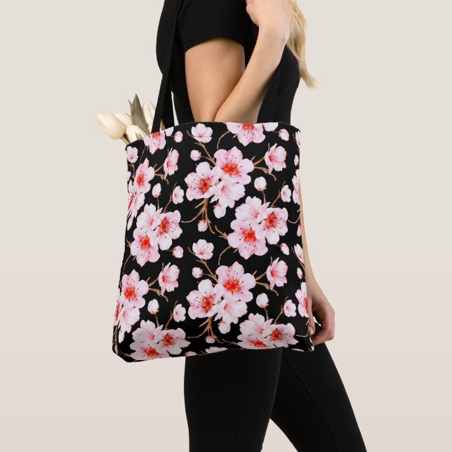 Tote Bag Aquarelle Fleurs de cerisier rose noir (De près)