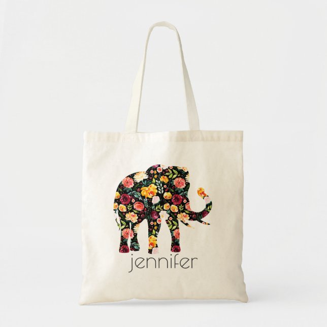 Tote Bag Aquarelle fleurs éléphant illustration 2 (Devant)