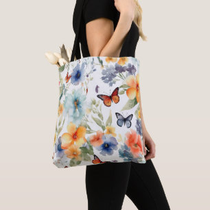 Tote Bag Aquarelle Fleurs et papillons Imprimer Botanique