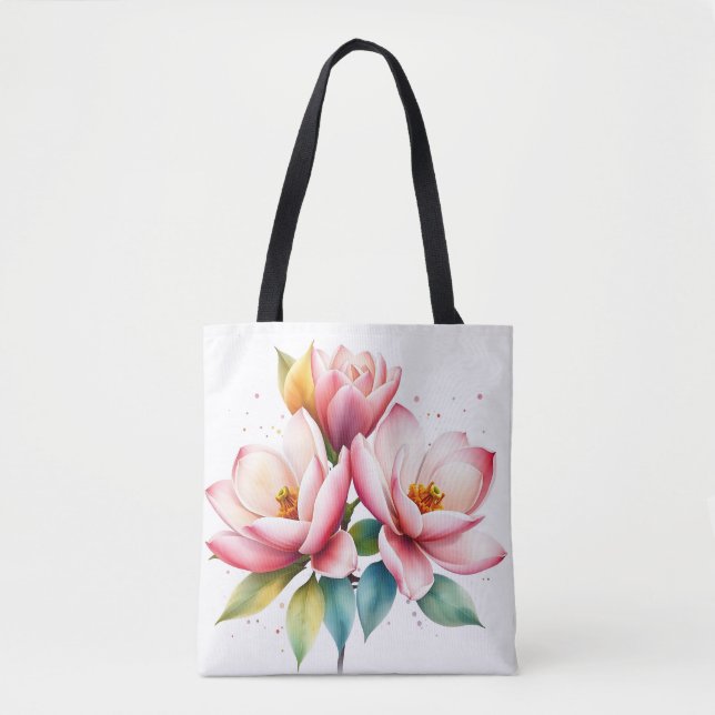 Tote Bag Aquarelle Fleurs Magnolia avec Fade Douce (Devant)