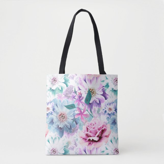 Tote Bag Aquarelle fleurs roses, bleues. (Devant)