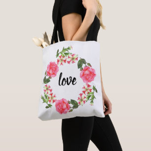 Tote Bag Aquarelle Fleurs roses Circle Wreath