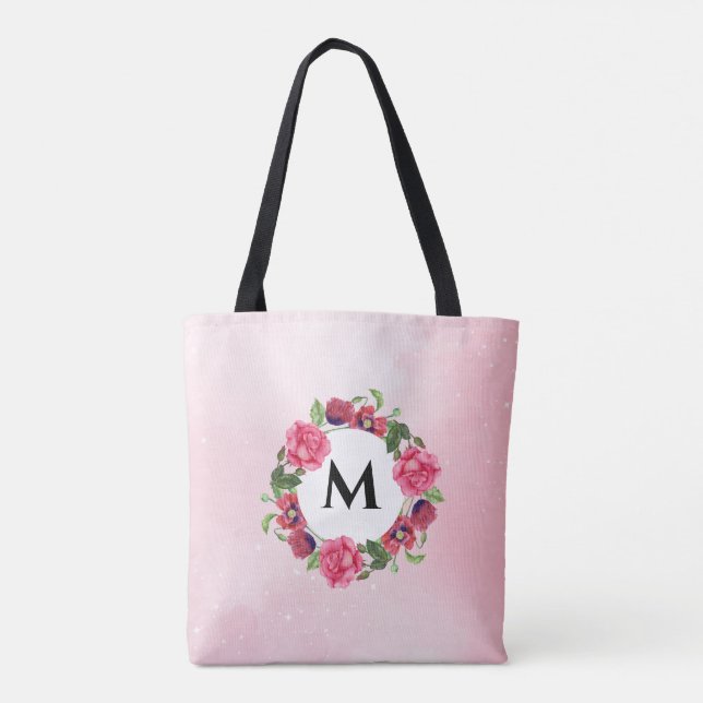 Tote Bag Aquarelle Fleurs rouges et roses Cercle de couronn (Dos)