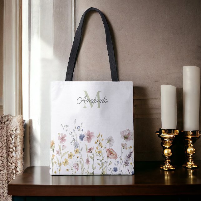 Tote Bag Aquarelle Fleurs sauvages Boho élégant avec Monogr (Créateur téléchargé)