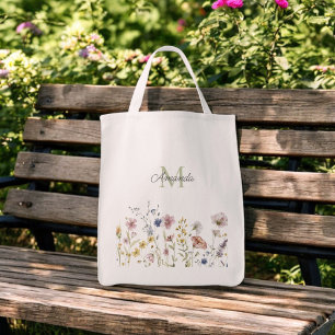 Tote Bag Aquarelle Fleurs sauvages Boho élégant avec Monogr