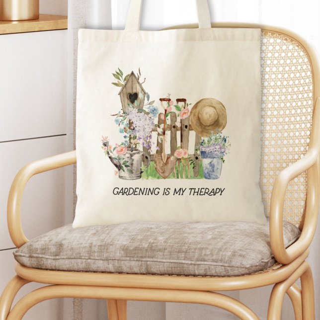 Tote Bag Aquarelle Floral Jardinage Outils et Citation amus (In situ on chair)