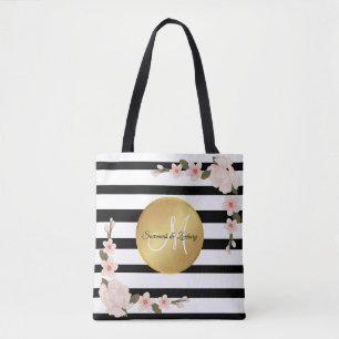 Tote Bag Aquarelle Floral or Monogramme noir Bande blanche